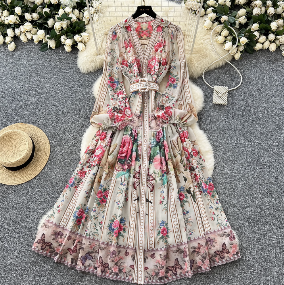 Colorful Floral Printed V-neck Dress