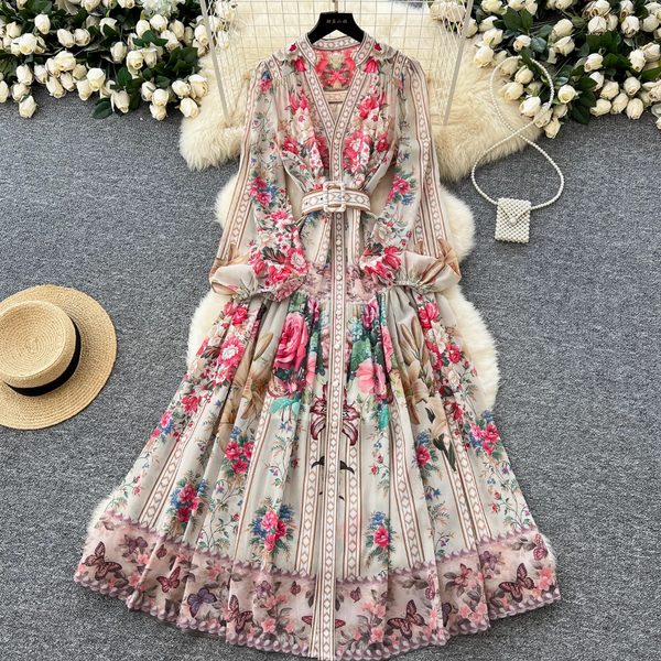 Colorful Floral Printed V-neck Dress