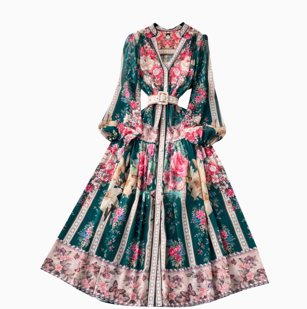 Colorful Floral Printed V-neck Dress