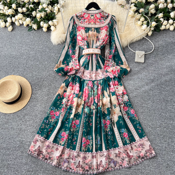 Colorful Floral Printed V-neck Dress