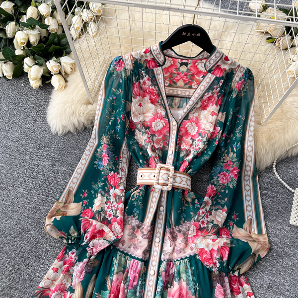 Colorful Floral Printed V-neck Dress