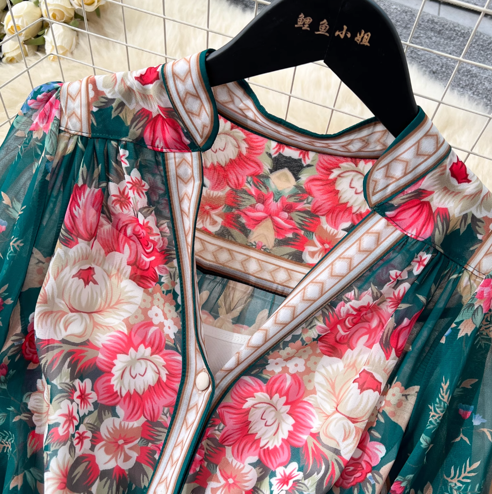 Colorful Floral Printed V-neck Dress