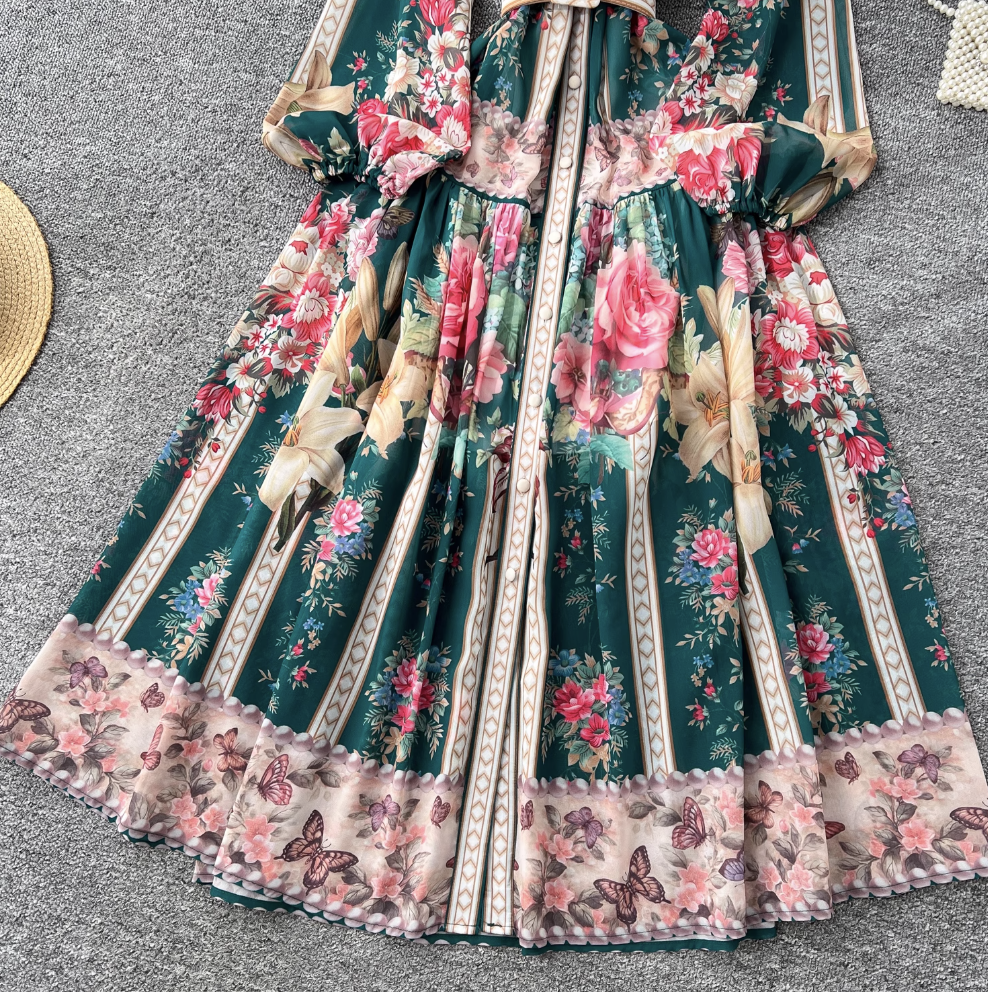 Colorful Floral Printed V-neck Dress