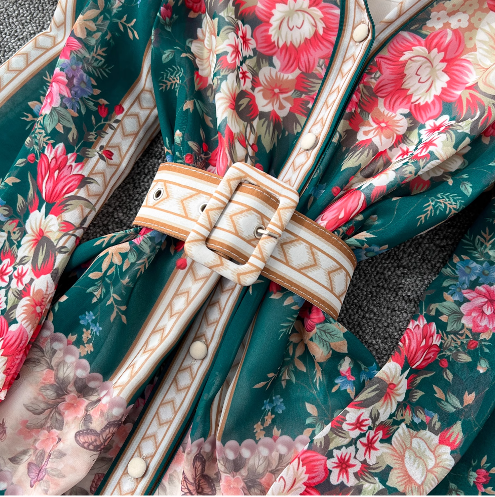 Colorful Floral Printed V-neck Dress