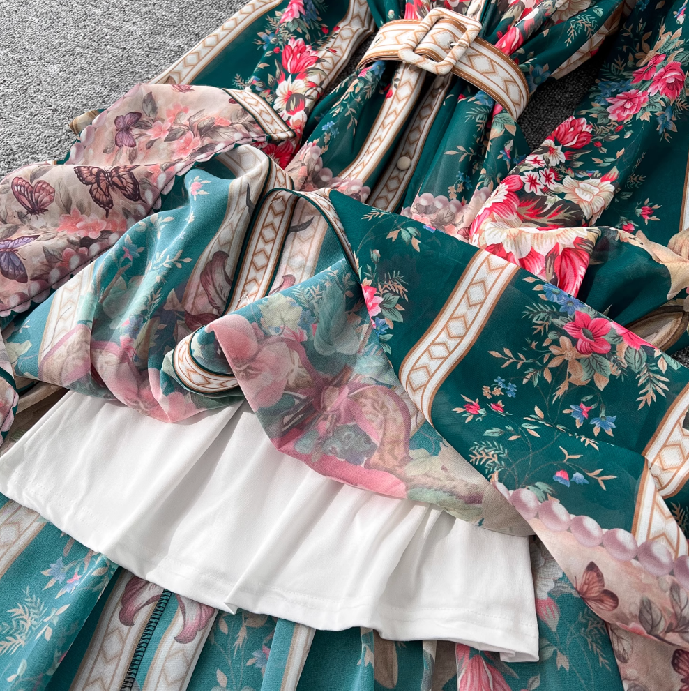 Colorful Floral Printed V-neck Dress