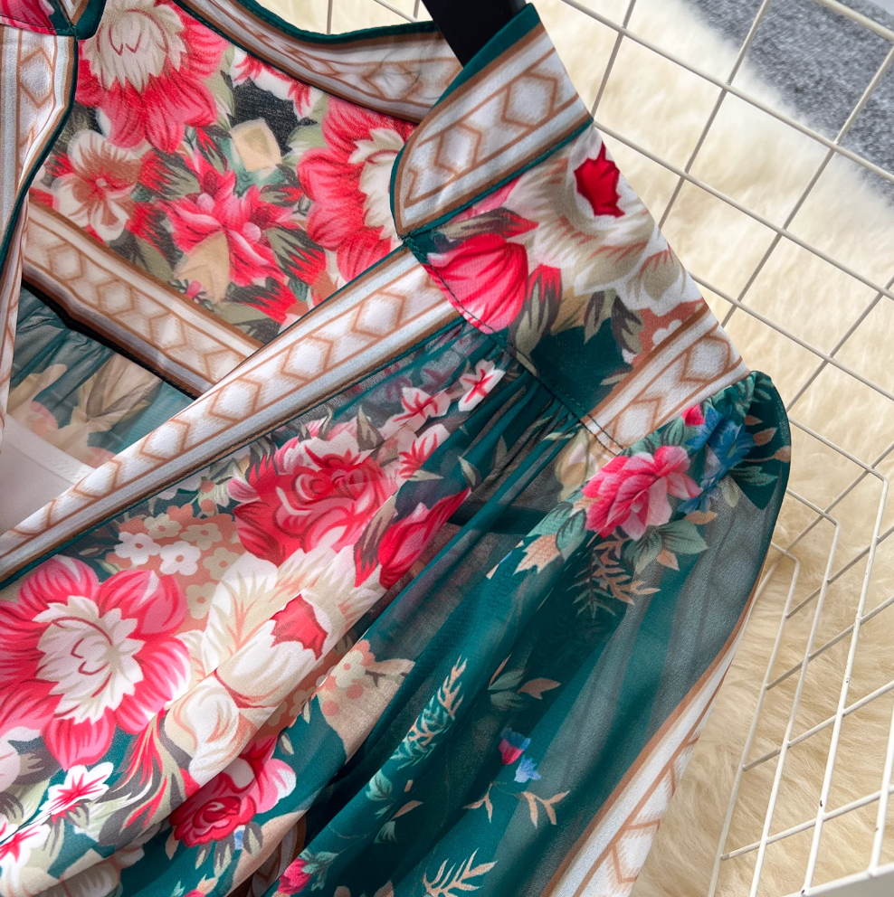 Colorful Floral Printed V-neck Dress