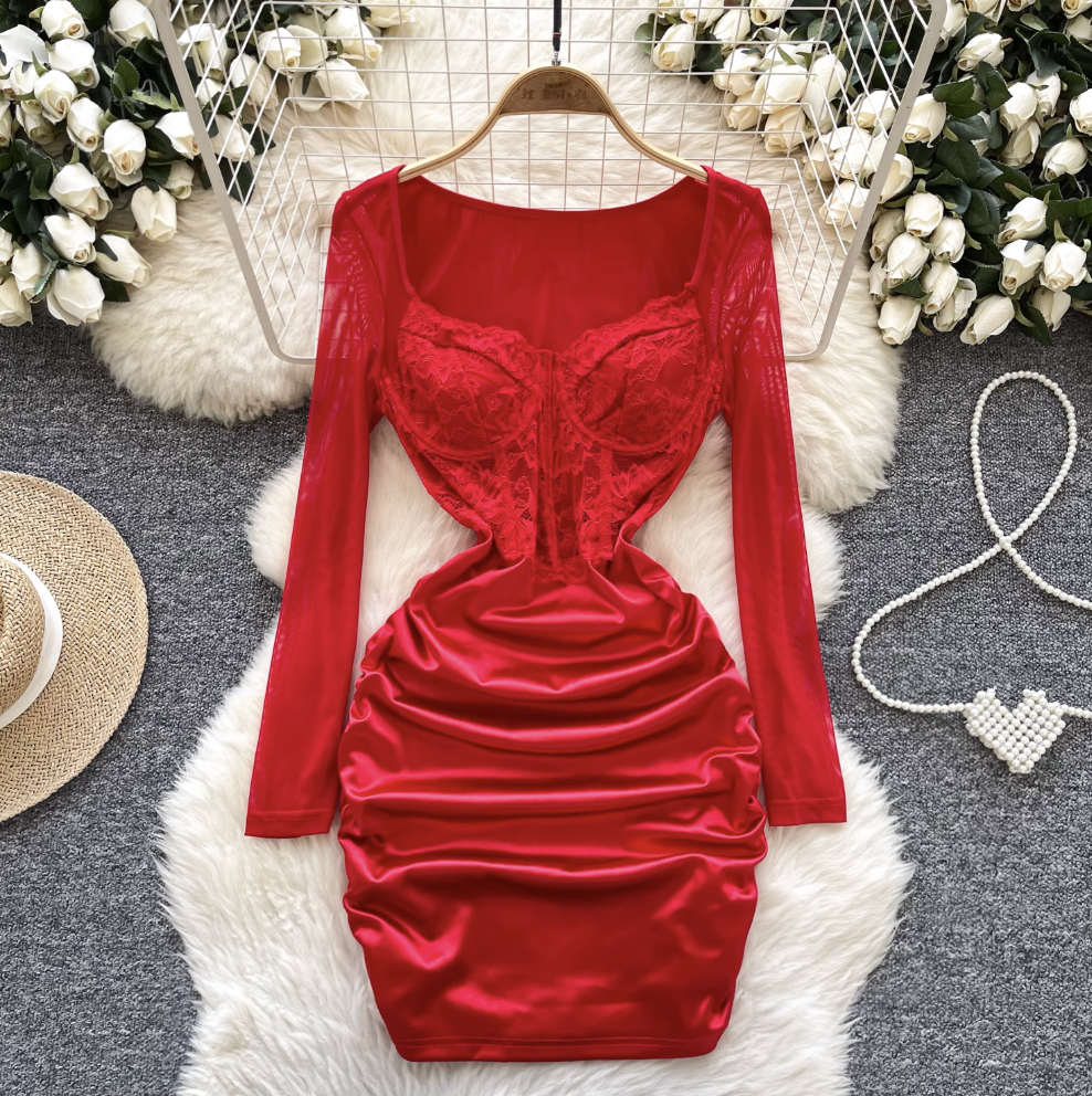 Sexy Lace Patchwork Satin Dress