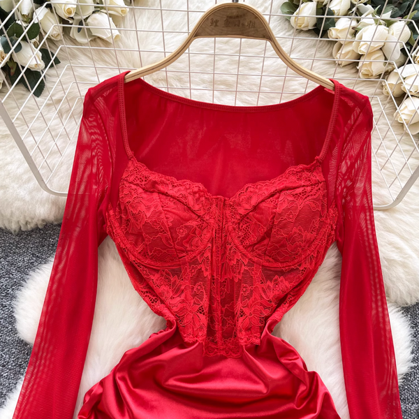 Sexy Lace Patchwork Satin Dress