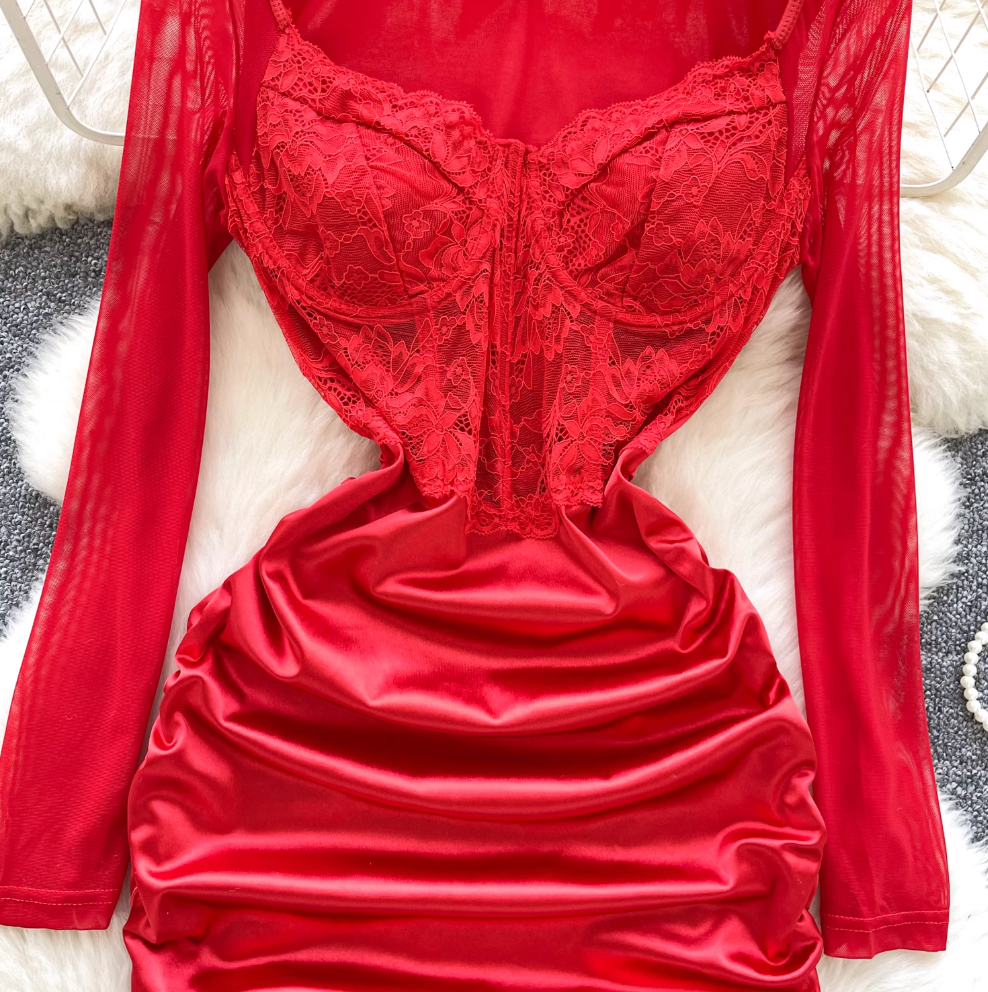 Sexy Lace Patchwork Satin Dress