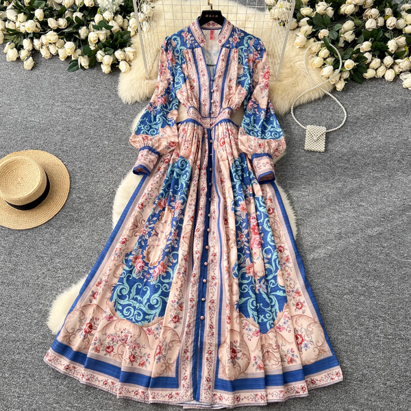 Vintage V-neck Courtly Floral Dress
