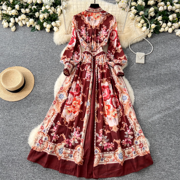 Vintage V-neck Courtly Floral Dress