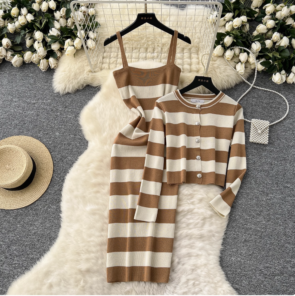 Cardigan & Slip Dress Striped 2Pcs