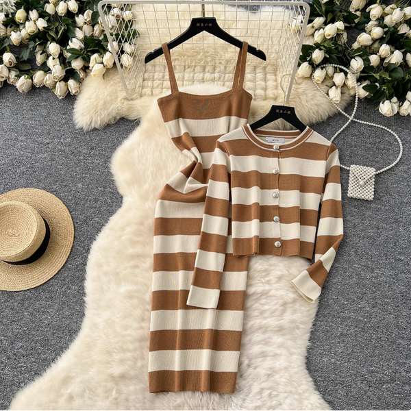 Cardigan & Slip Dress Striped 2Pcs