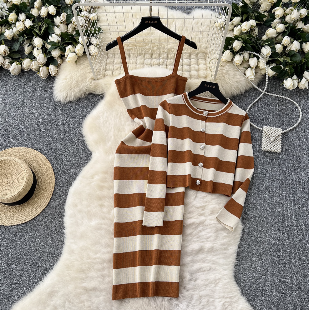 Cardigan & Slip Dress Striped 2Pcs