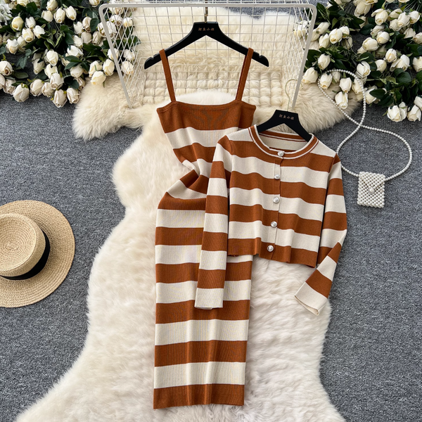 Cardigan & Slip Dress Striped 2Pcs