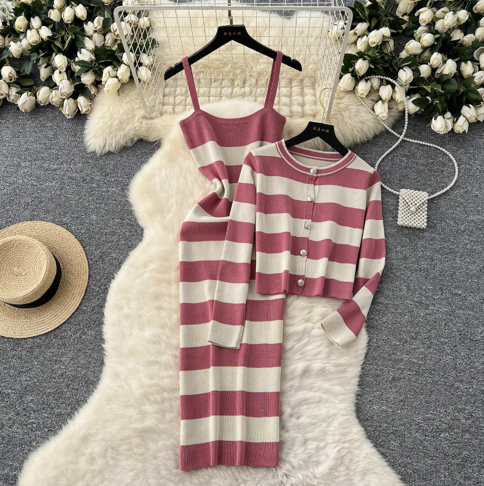 Cardigan & Slip Dress Striped 2Pcs