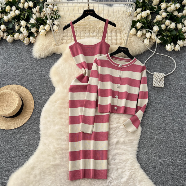 Cardigan & Slip Dress Striped 2Pcs