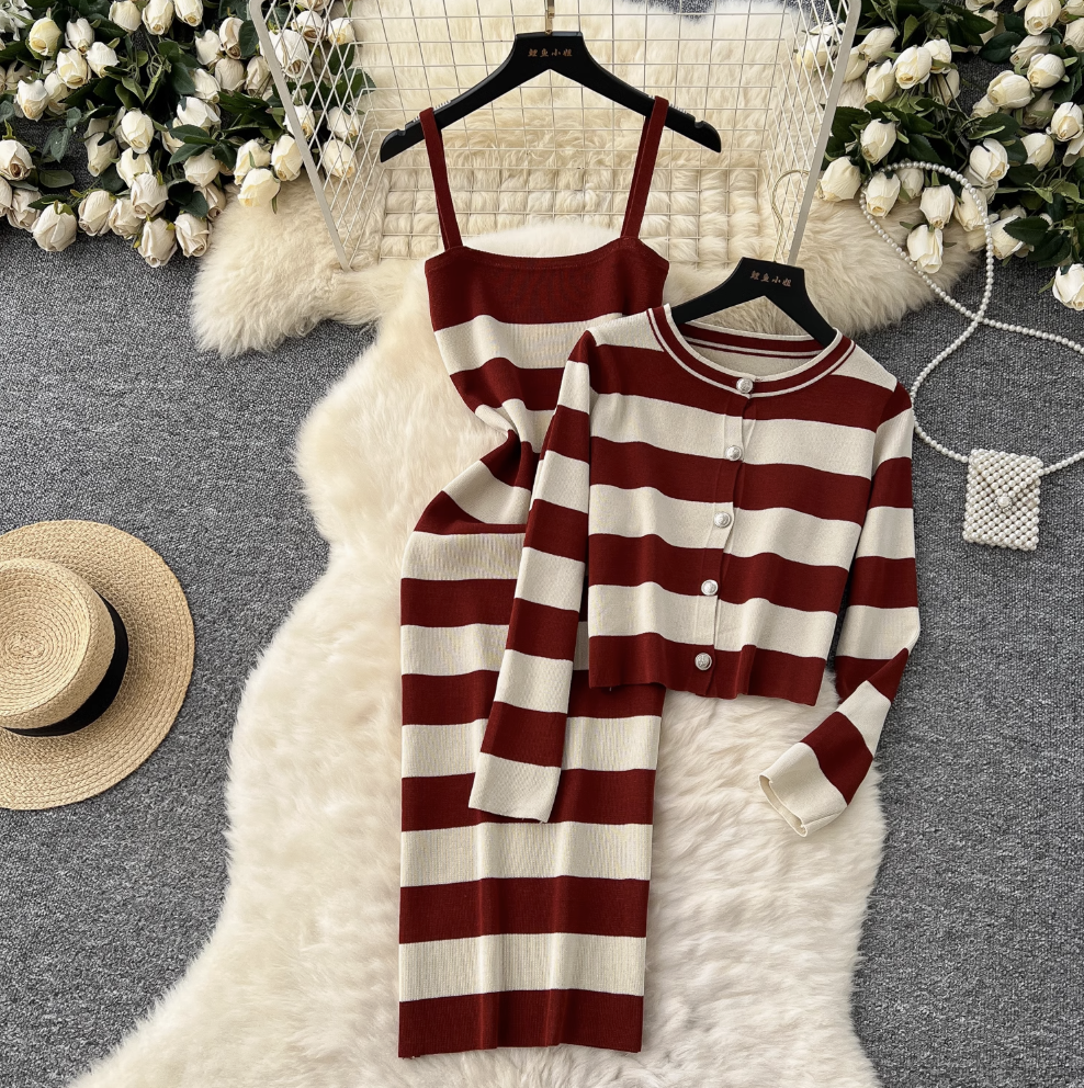 Cardigan & Slip Dress Striped 2Pcs