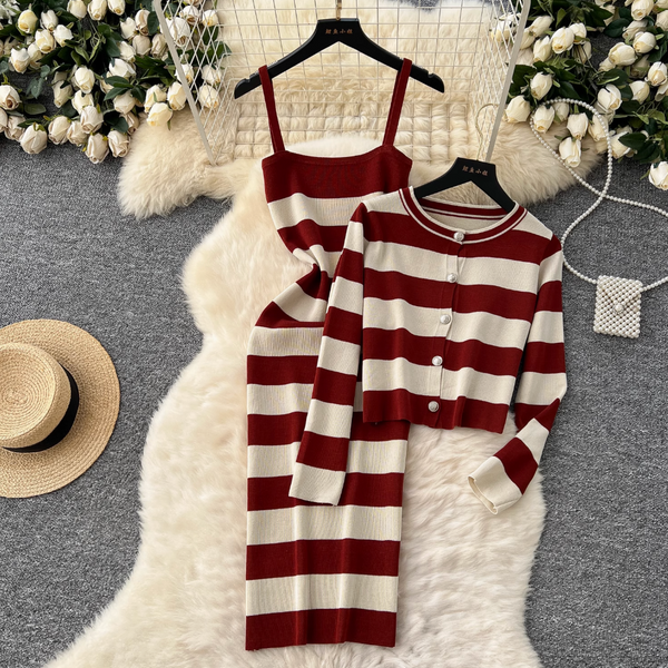 Cardigan & Slip Dress Striped 2Pcs