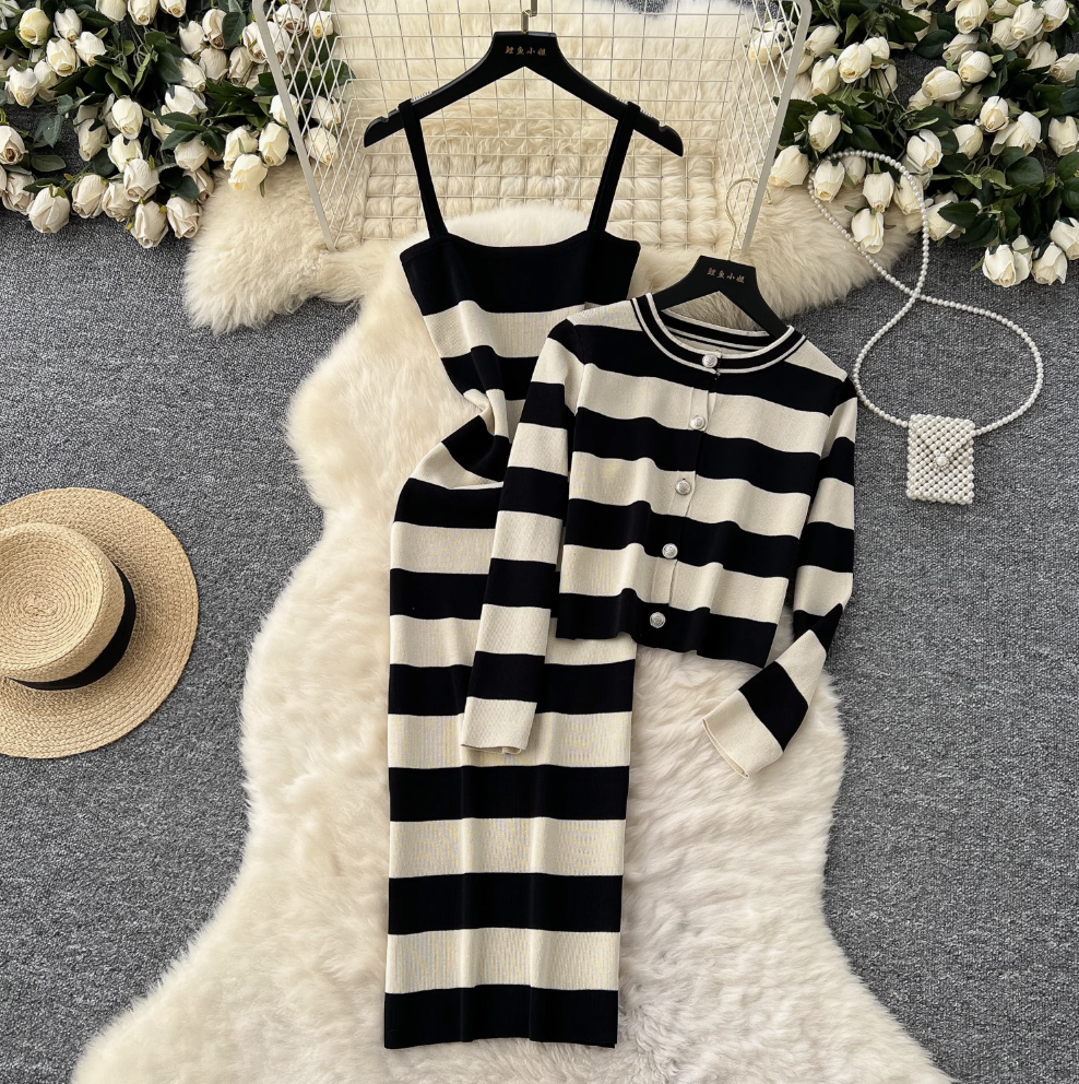 Cardigan & Slip Dress Striped 2Pcs
