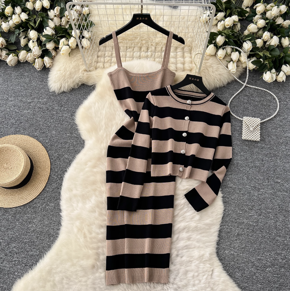 Cardigan & Slip Dress Striped 2Pcs