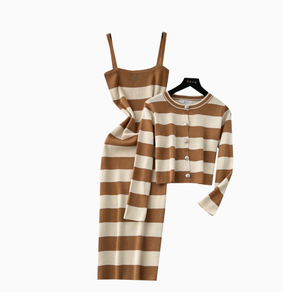 Cardigan & Slip Dress Striped 2Pcs
