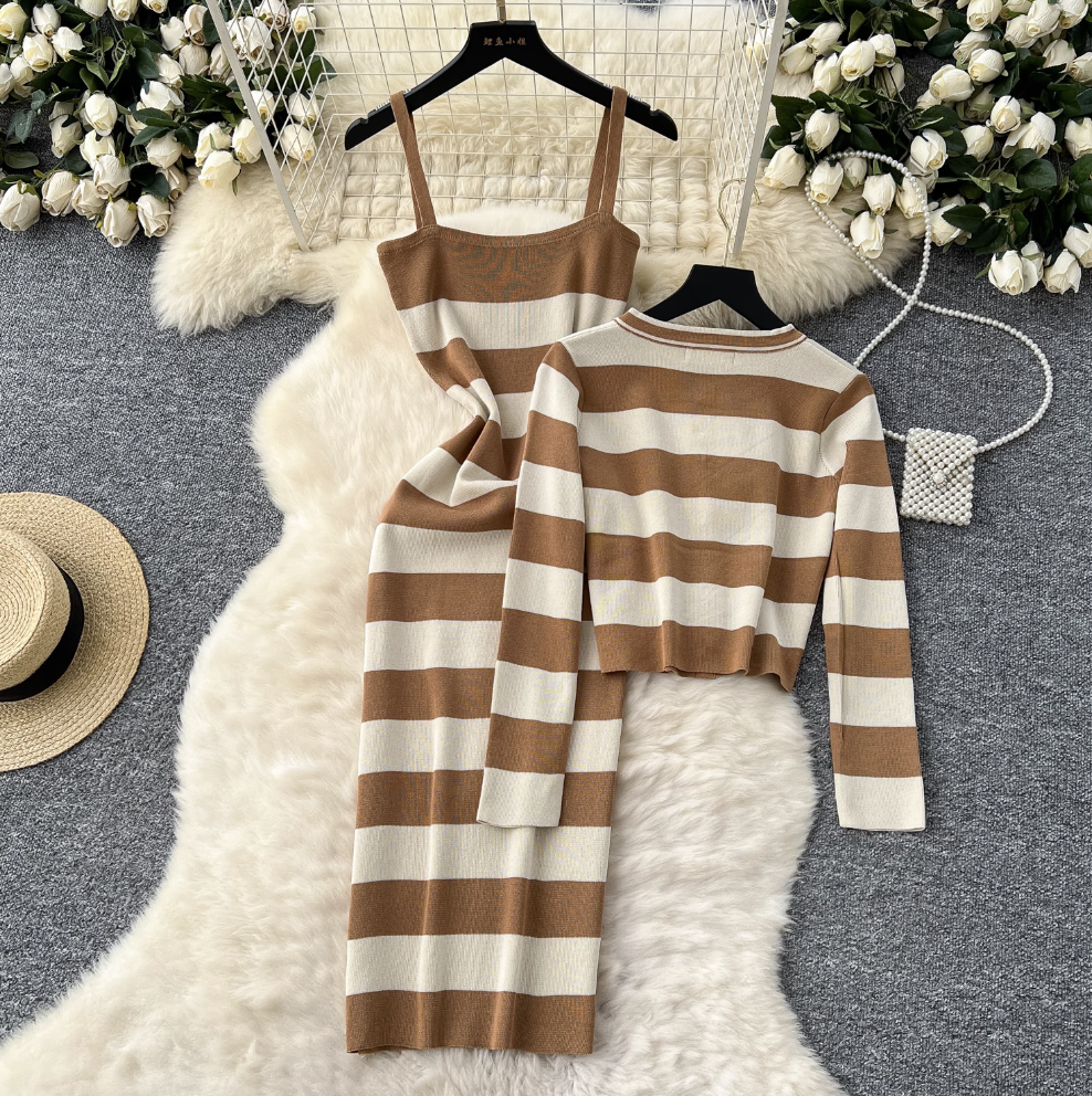 Cardigan & Slip Dress Striped 2Pcs