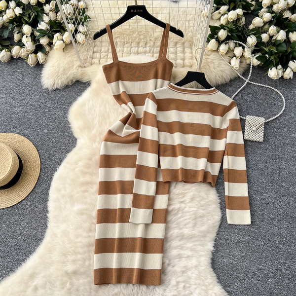 Cardigan & Slip Dress Striped 2Pcs