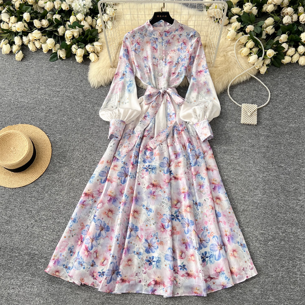 Stand Collar Lace-up Floral Dress