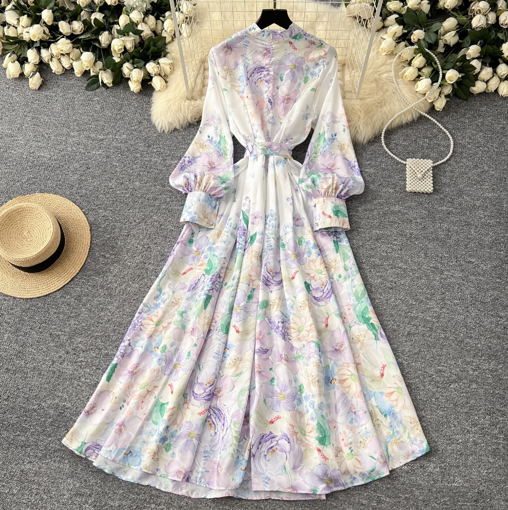 Stand Collar Lace-up Floral Dress
