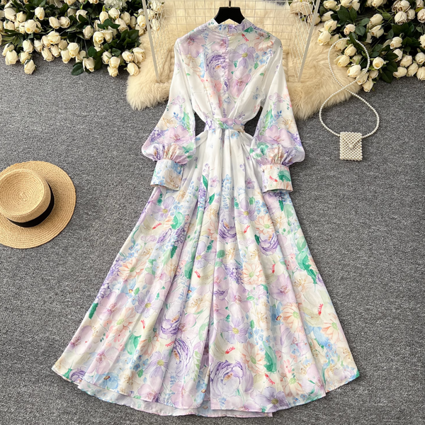 Stand Collar Lace-up Floral Dress
