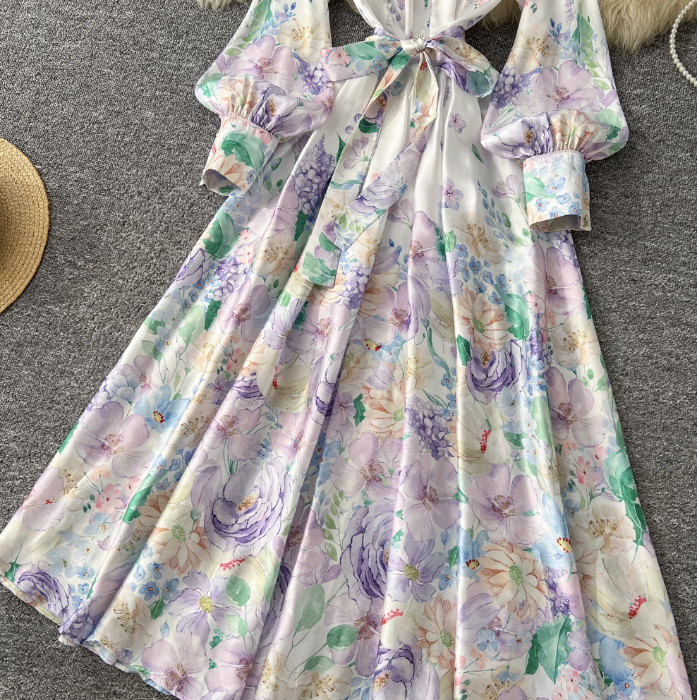 Stand Collar Lace-up Floral Dress
