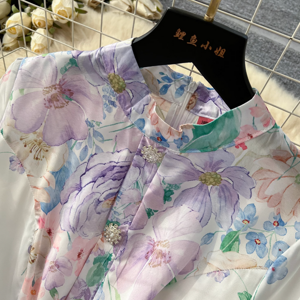 Stand Collar Lace-up Floral Dress