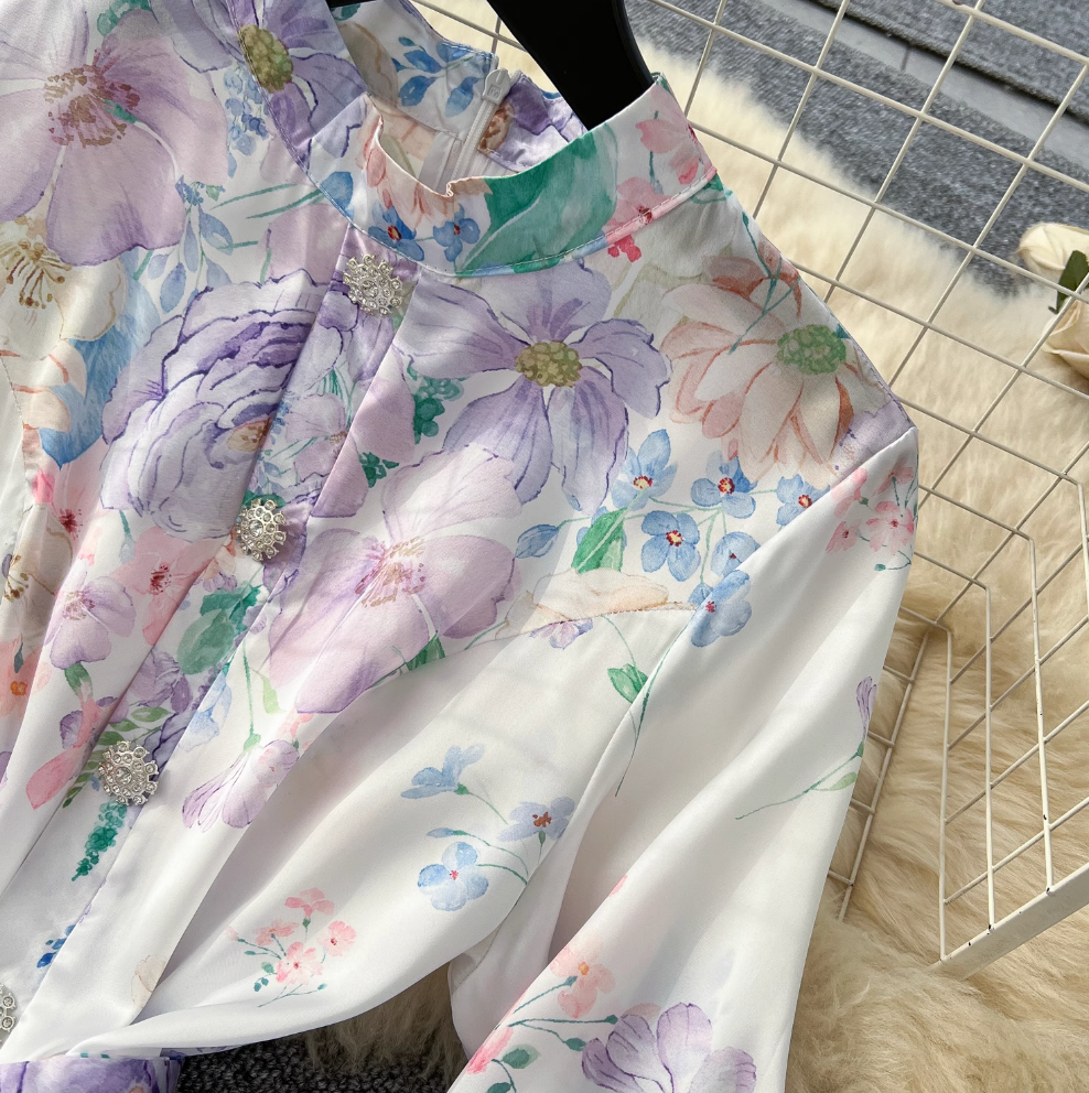 Stand Collar Lace-up Floral Dress