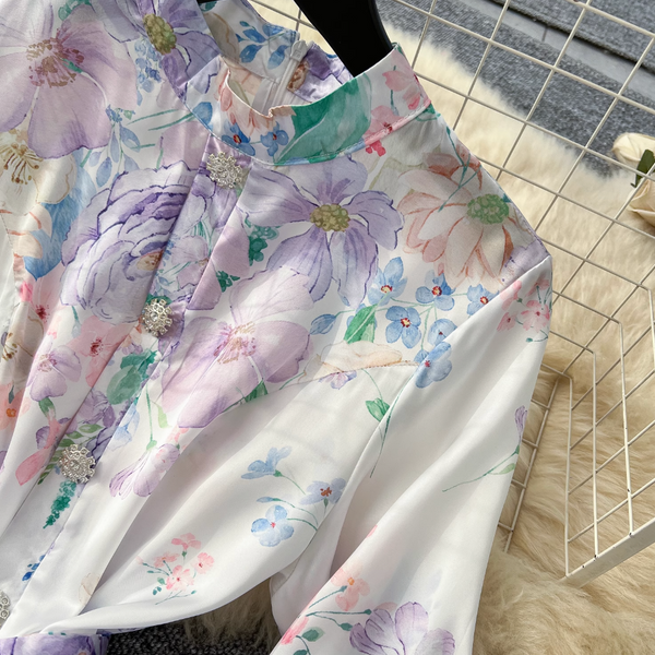 Stand Collar Lace-up Floral Dress
