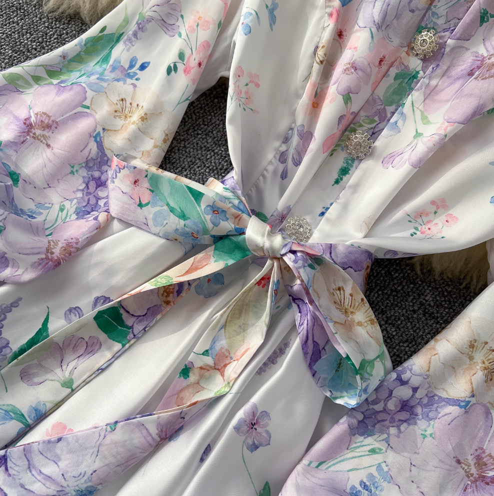 Stand Collar Lace-up Floral Dress