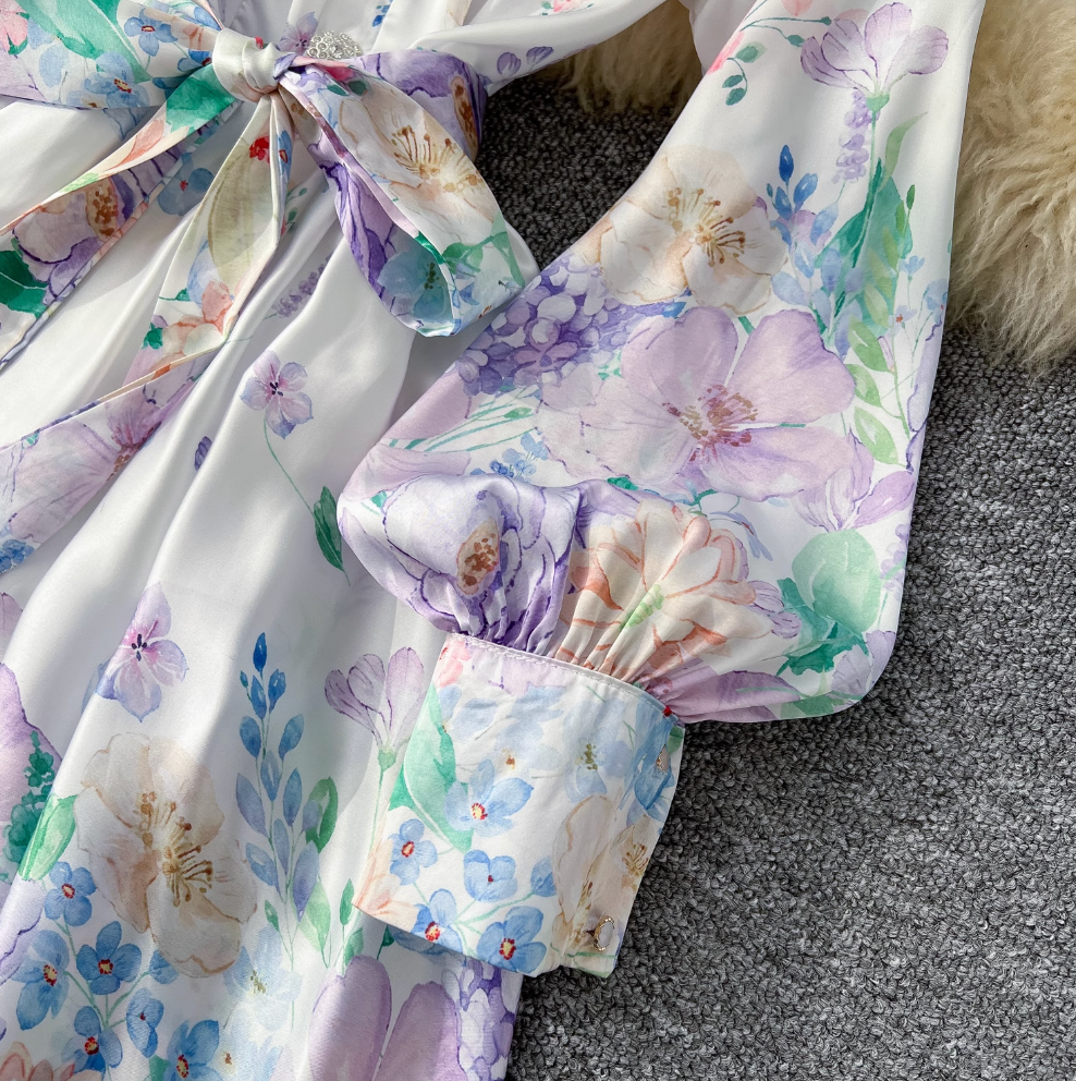 Stand Collar Lace-up Floral Dress