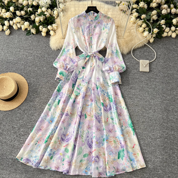 Stand Collar Lace-up Floral Dress