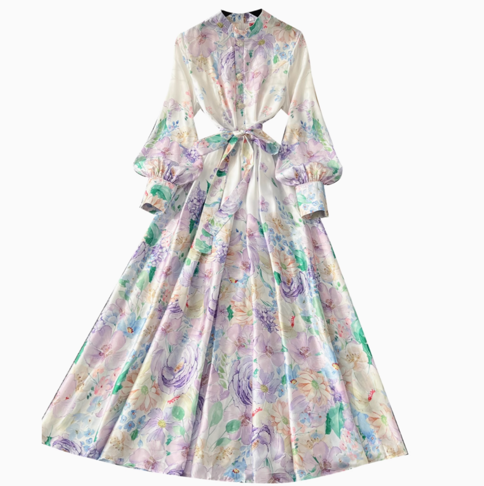 Stand Collar Lace-up Floral Dress