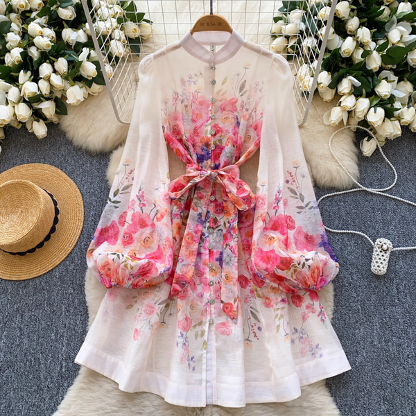 Courtly Pearl Buttons Floral Shirt Dress