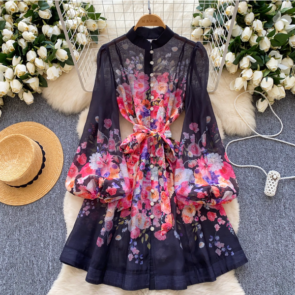 Courtly Pearl Buttons Floral Shirt Dress