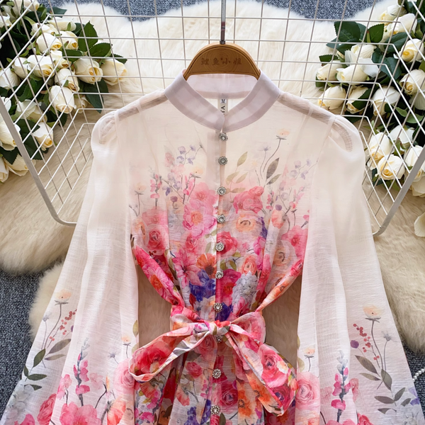 Courtly Pearl Buttons Floral Shirt Dress