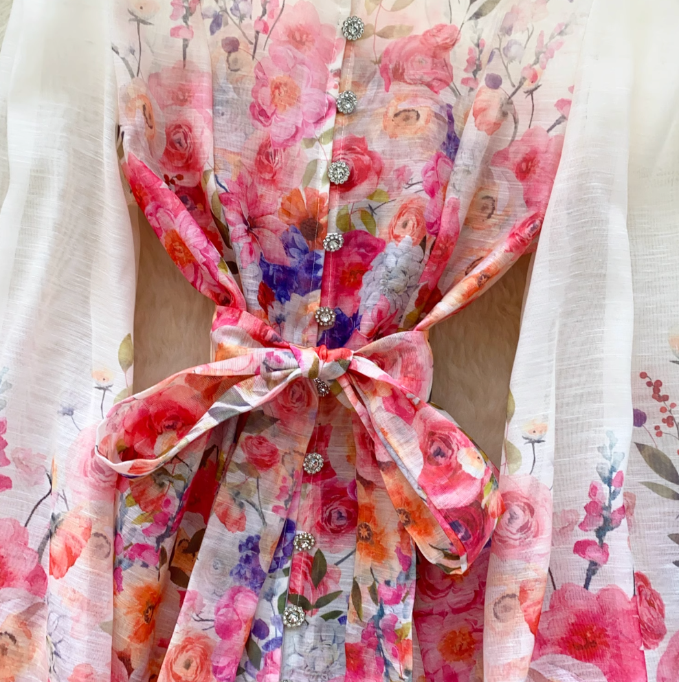 Courtly Pearl Buttons Floral Shirt Dress