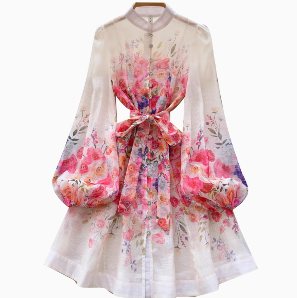 Courtly Pearl Buttons Floral Shirt Dress