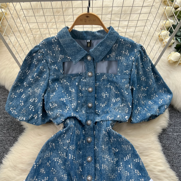 Sequined Embroidery Puffy Denim Dress