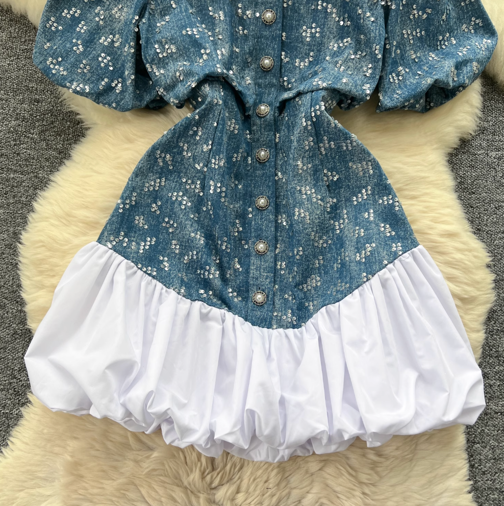 Sequined Embroidery Puffy Denim Dress