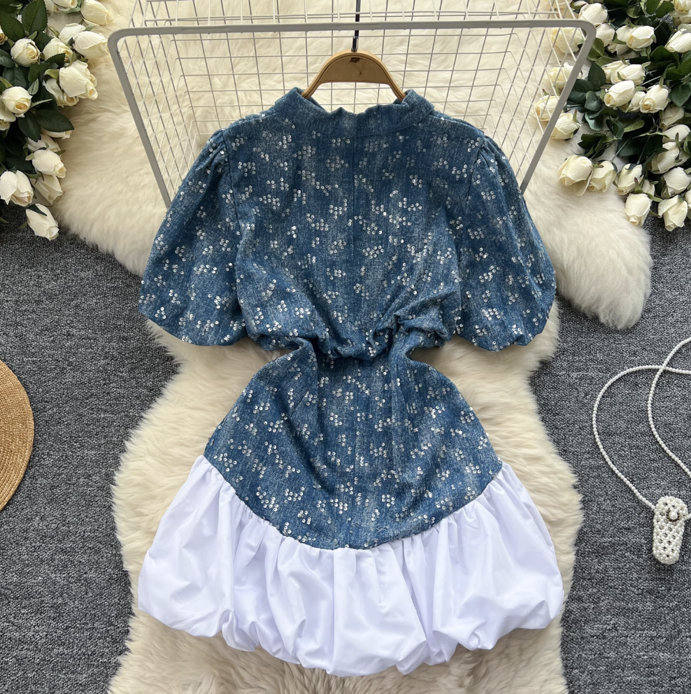 Sequined Embroidery Puffy Denim Dress
