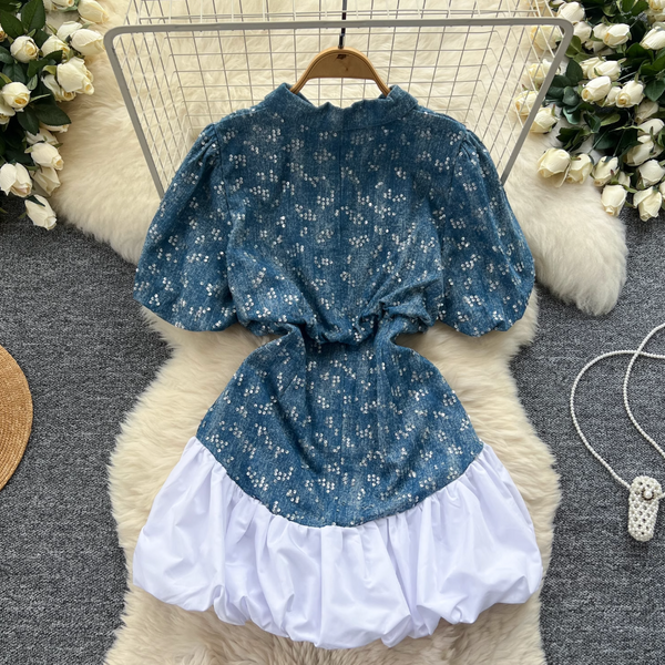 Sequined Embroidery Puffy Denim Dress