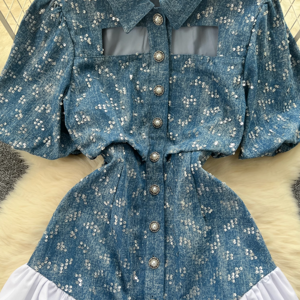Sequined Embroidery Puffy Denim Dress