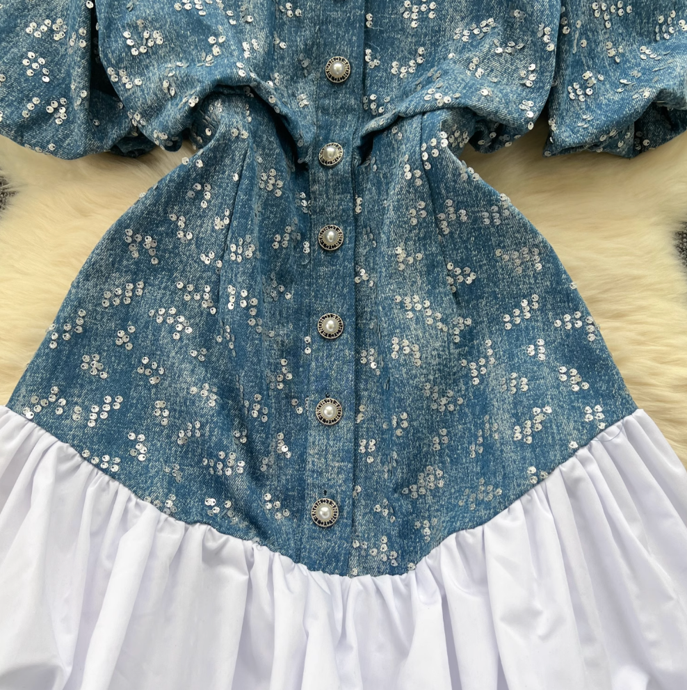 Sequined Embroidery Puffy Denim Dress